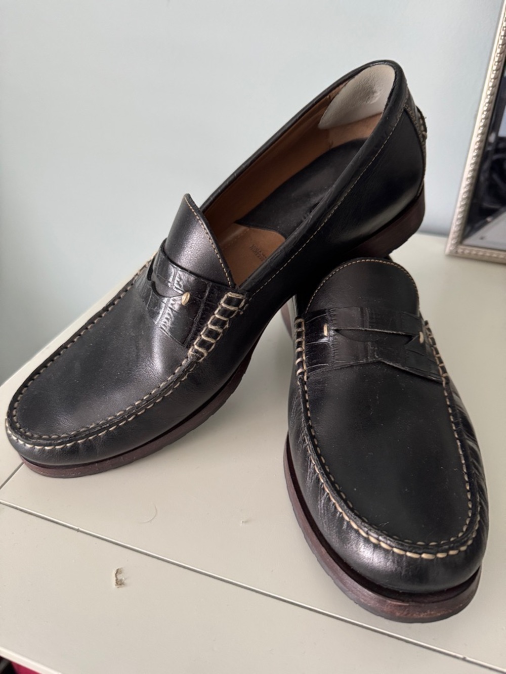 Johnston & Murphy Black Leather Penny Loafers with Contrast Stitching